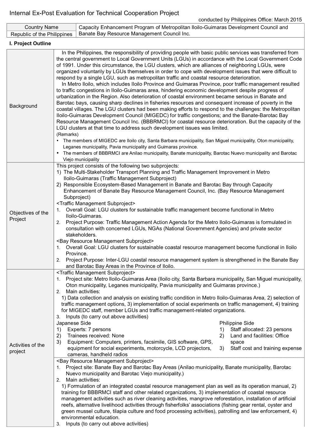 Internal Ex-Post Evaluation for Technical Cooperation Project