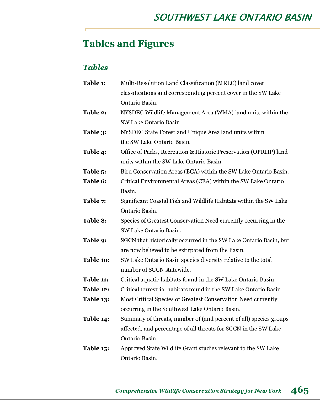 Southwest Lake Ontario Basin: Tables 1