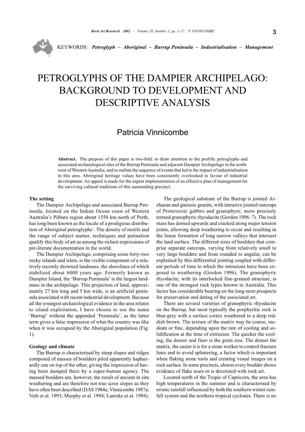 Petroglyphs of the Dampier Archipelago: Background to Development and Descriptive Analysis