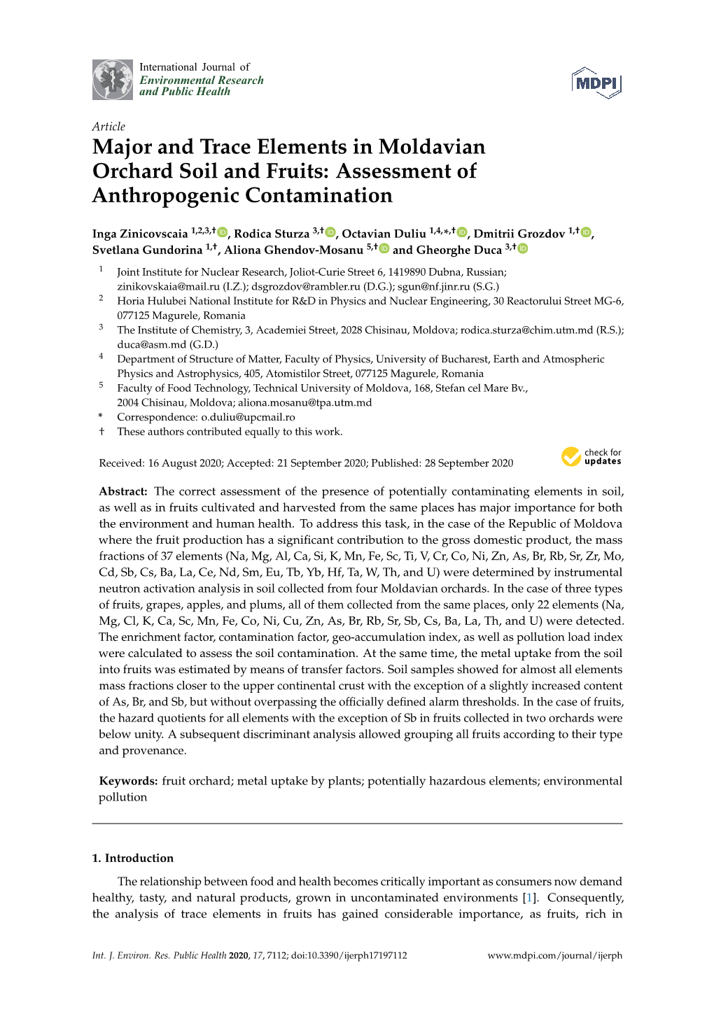 Major and Trace Elements in Moldavian Orchard Soil and Fruits: Assessment of Anthropogenic Contamination