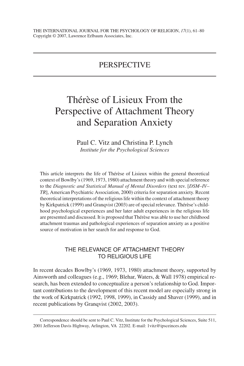 Thérèse of Lisieux from the Perspective of Attachment Theory and Separation Anxiety