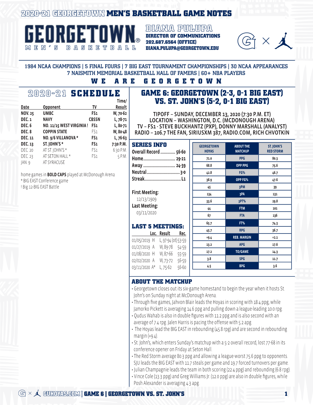 2020-21 Georgetown Men's Basketball Game Notes Patrick Ewing