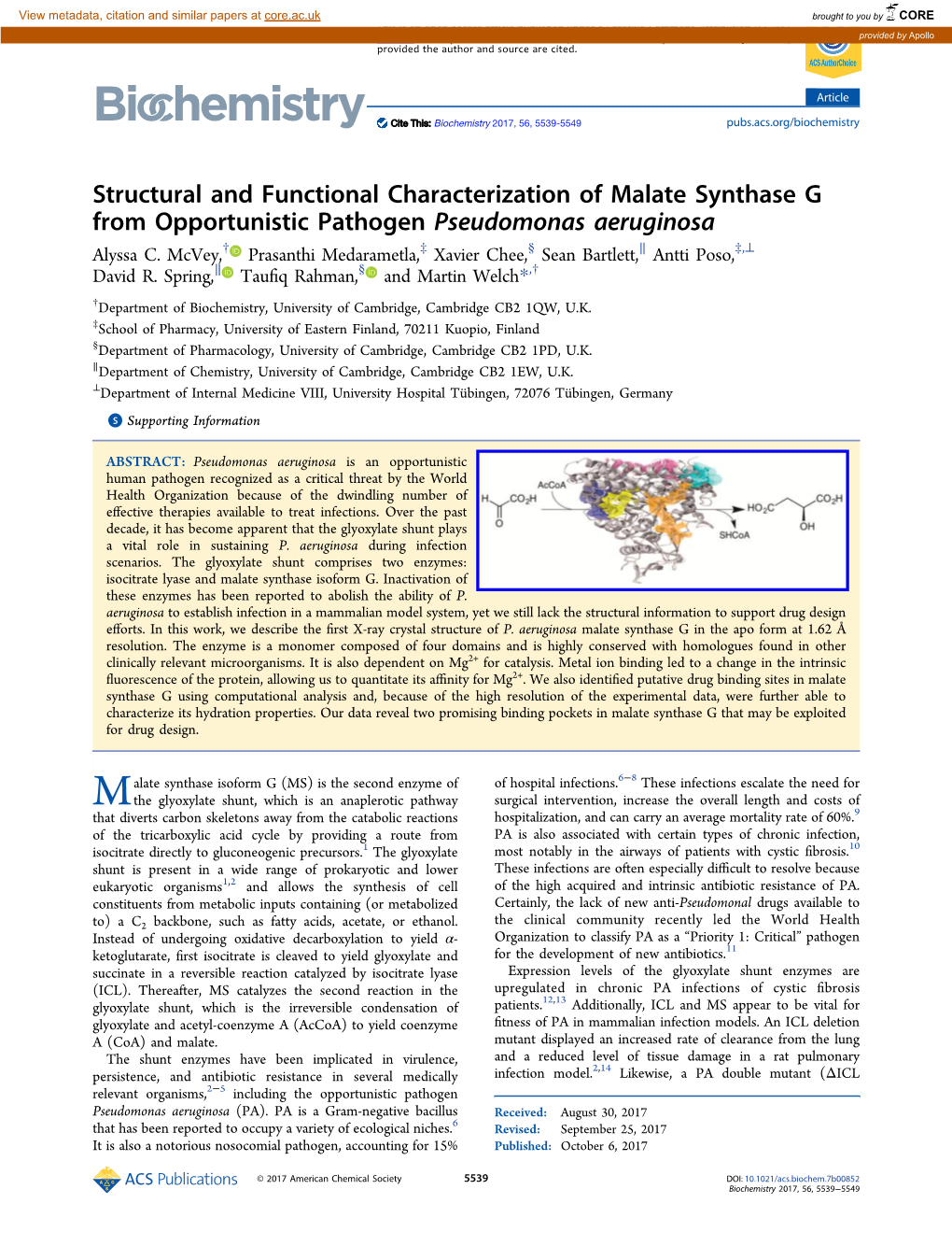 Structural and Functional Characterization of Malate Synthase G from Opportunistic Pathogen Pseudomonas Aeruginosa † ‡ § ∥ ‡ ⊥ Alyssa C