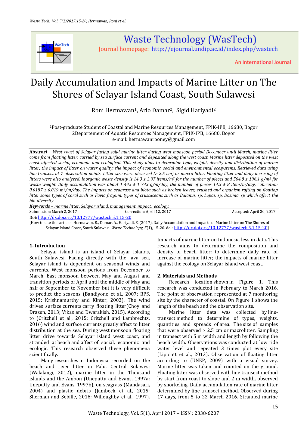 Daily Accumulation and Impacts of Marine Litter on the Shores of Selayar Island Coast, South Sulawesi