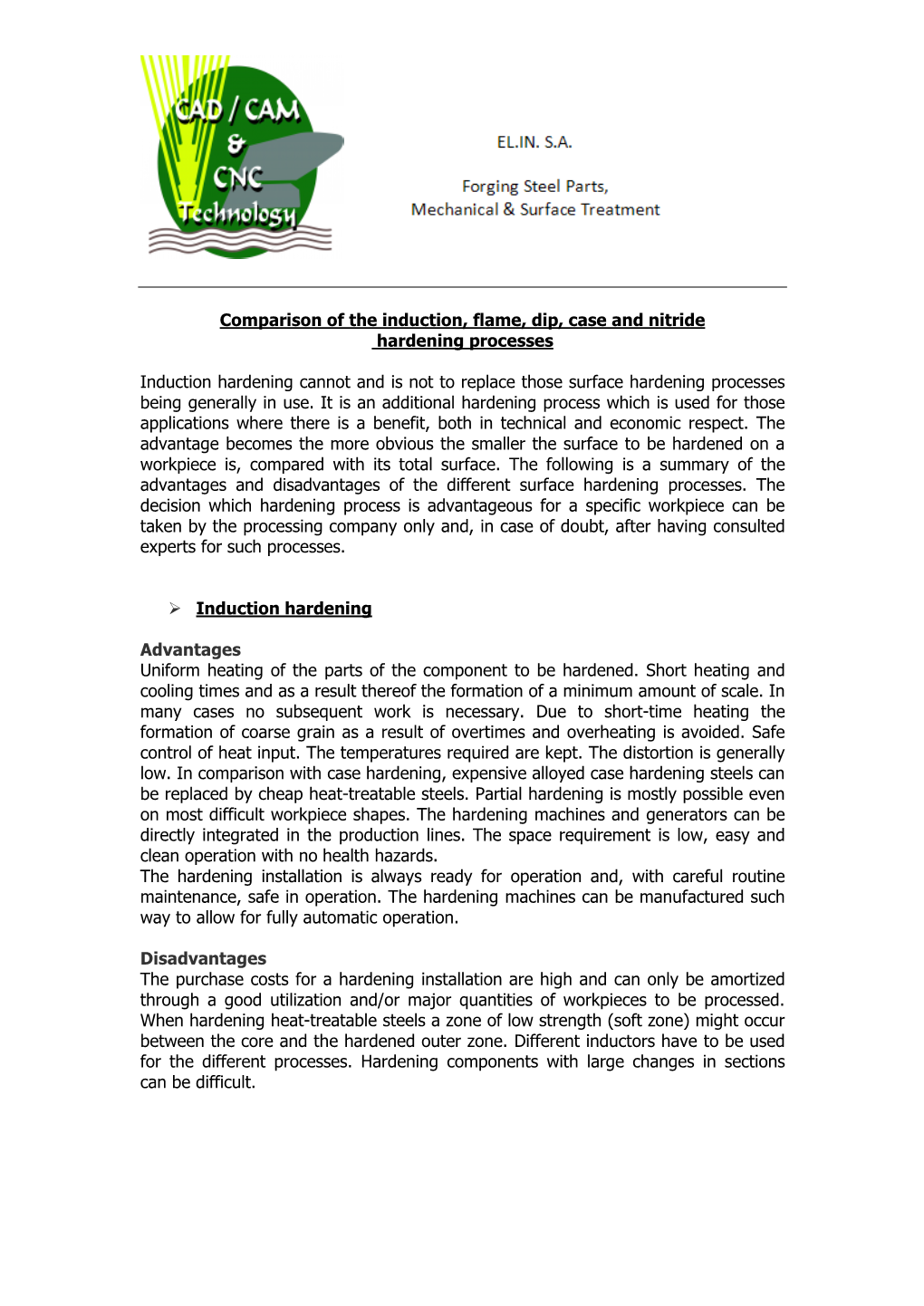 Comparison of the Induction, Flame, Dip, Case and Nitride Hardening Processes