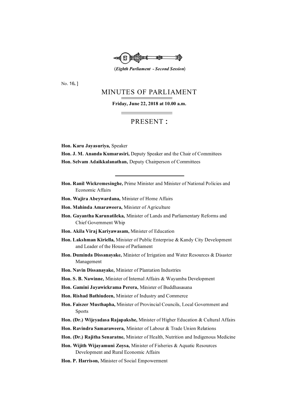 Minutes of Parliament Present