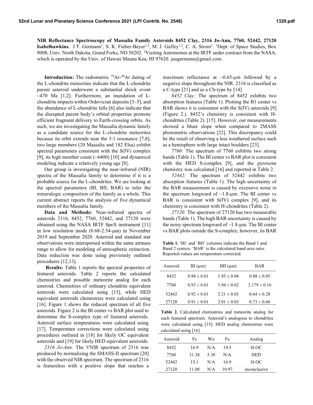 NIR Reflectance Spectroscopy of Massalia Family Asteroids 8452 Clay, 2316 Jo-Ann, 7760, 52442, 27120 Isabelhawkins