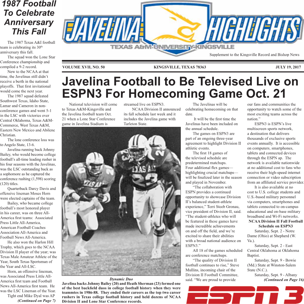 Javelina Football to Be Televised Live on ESPN3 for Homecoming Game Oct. 21