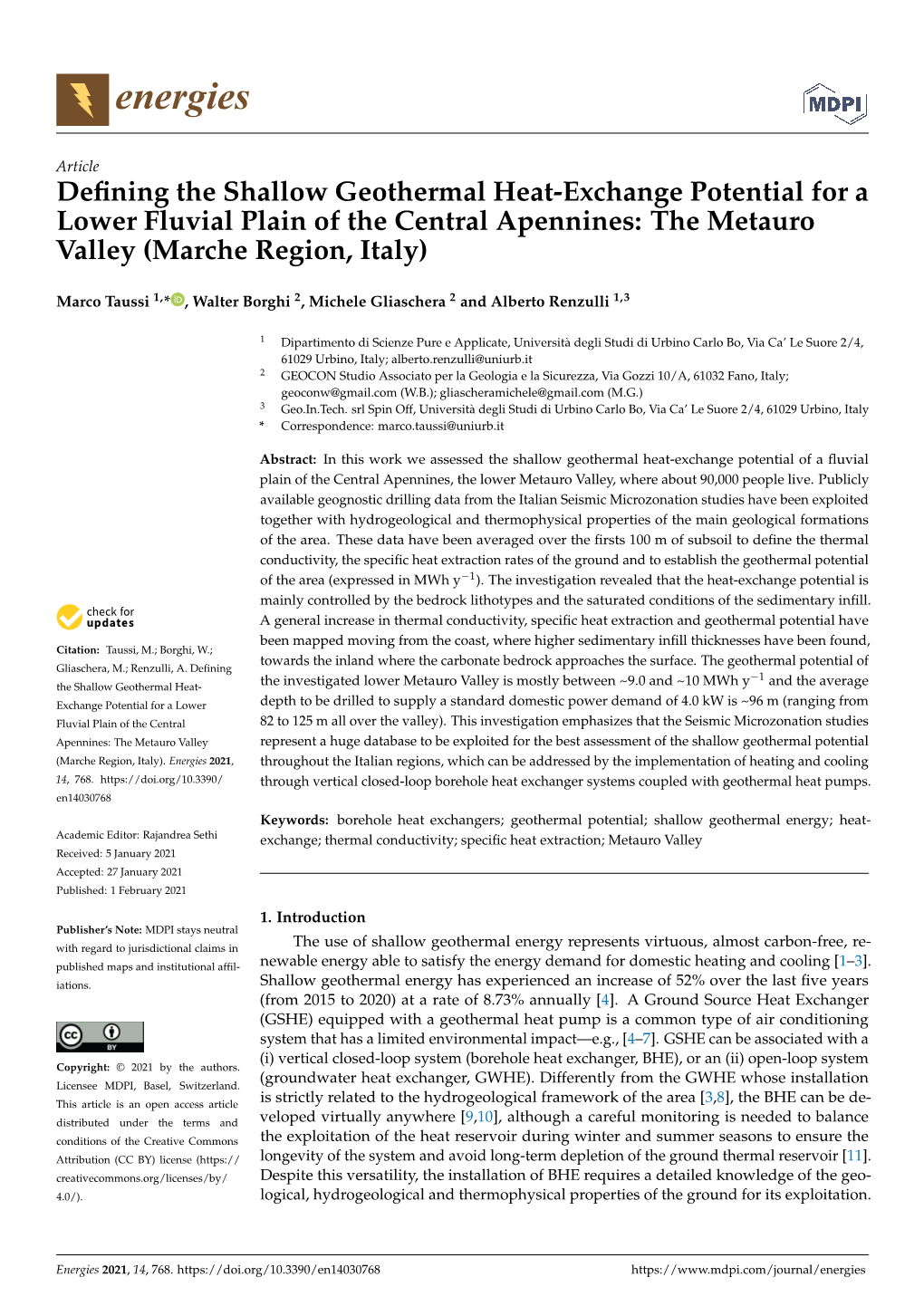 Defining the Shallow Geothermal Heat-Exchange Potential for a Lower Fluvial Plain of the Central Apennines: the Metauro Valley (