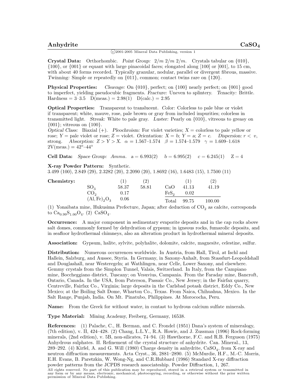 Anhydrite Caso4 C 2001-2005 Mineral Data Publishing, Version 1