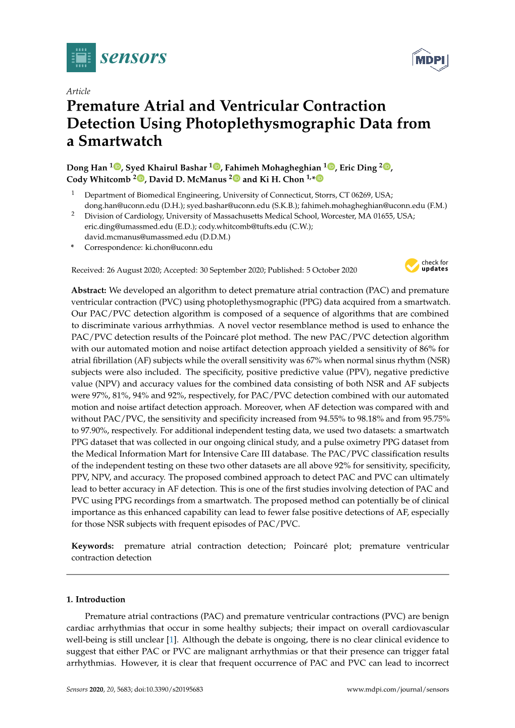 Premature Atrial and Ventricular Contraction Detection Using Photoplethysmographic Data from a Smartwatch