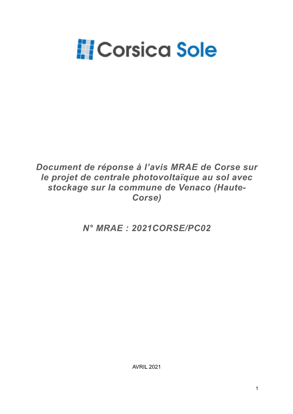 Document De Réponse À L'avis MRAE De Corse Sur Le Projet De Centrale