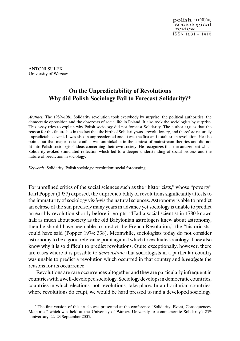 On the Unpredictability of Revolutions Why Did Polish Sociology Fail to Forecast Solidarity?*