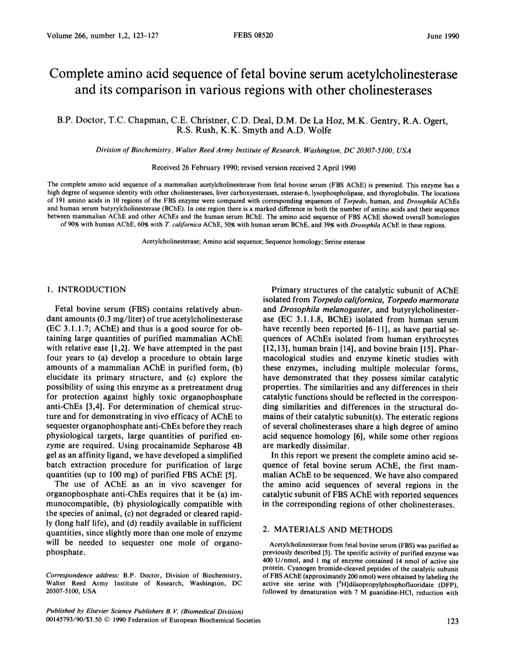 Complete Amino Acid Sequence of Fetal Bovine Serum Acetylcholinesterase and Its Comparison in Various Regions with Other Cholinesterases