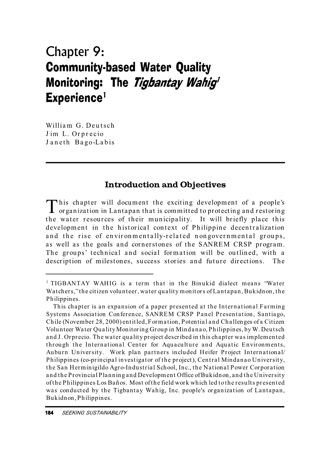 Chapter 9: Community-Based Water Quality Monitoring: the Tigbantay Wahig1 Experience1