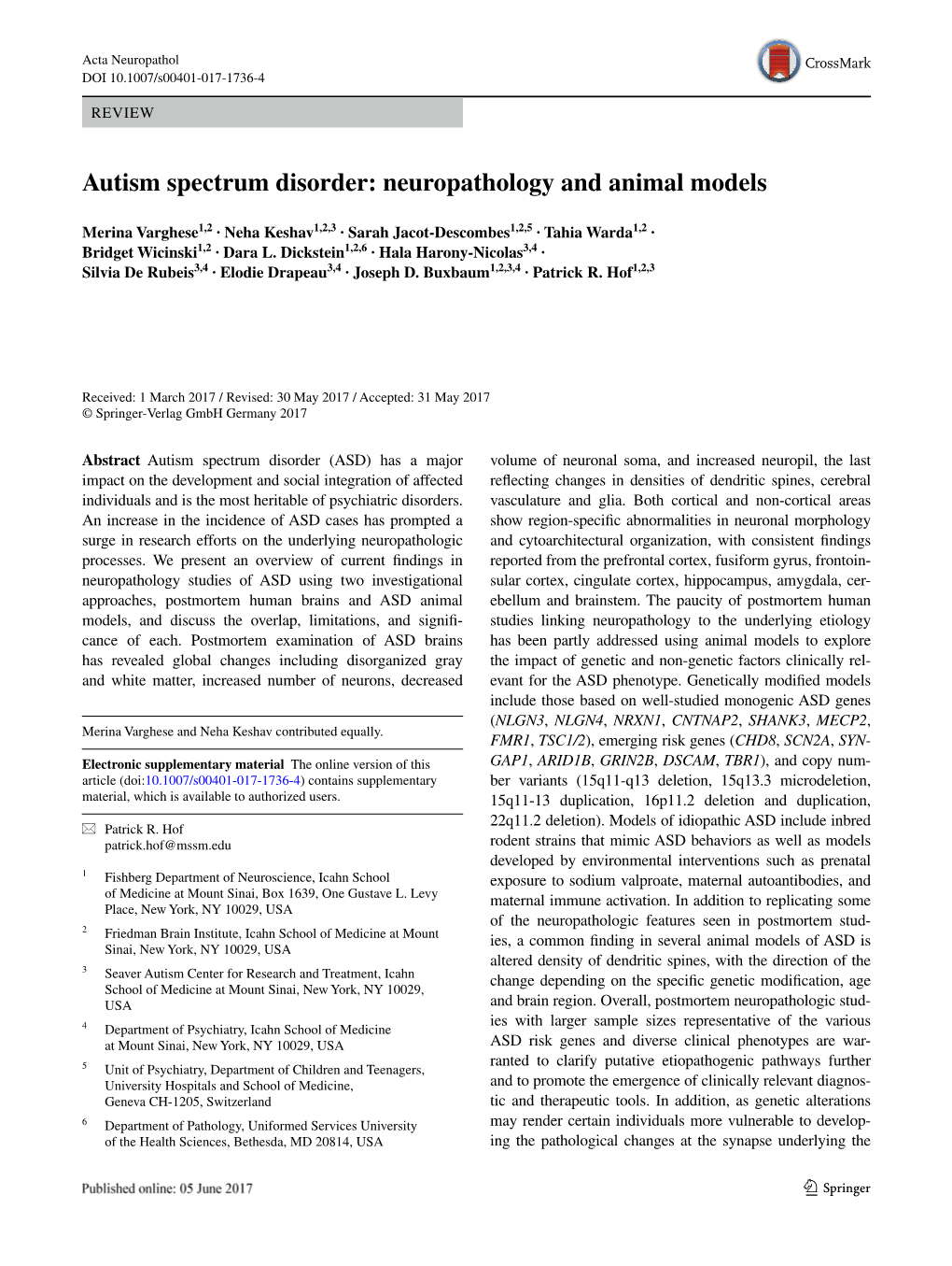 Autism Spectrum Disorder: Neuropathology and Animal Models