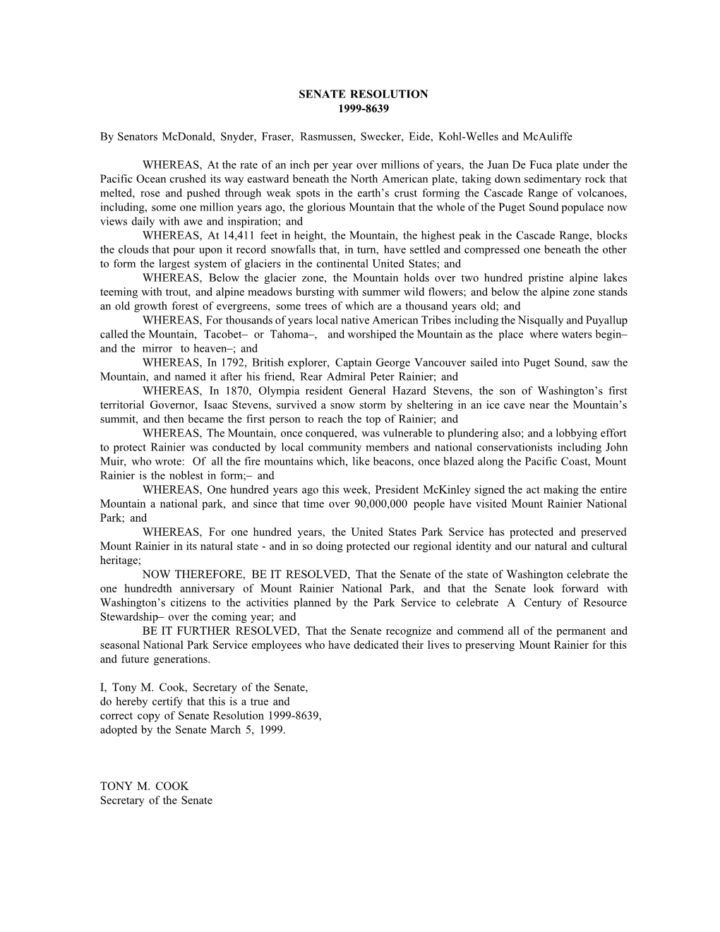 SENATE RESOLUTION 1999-8639 by Senators Mcdonald, Snyder