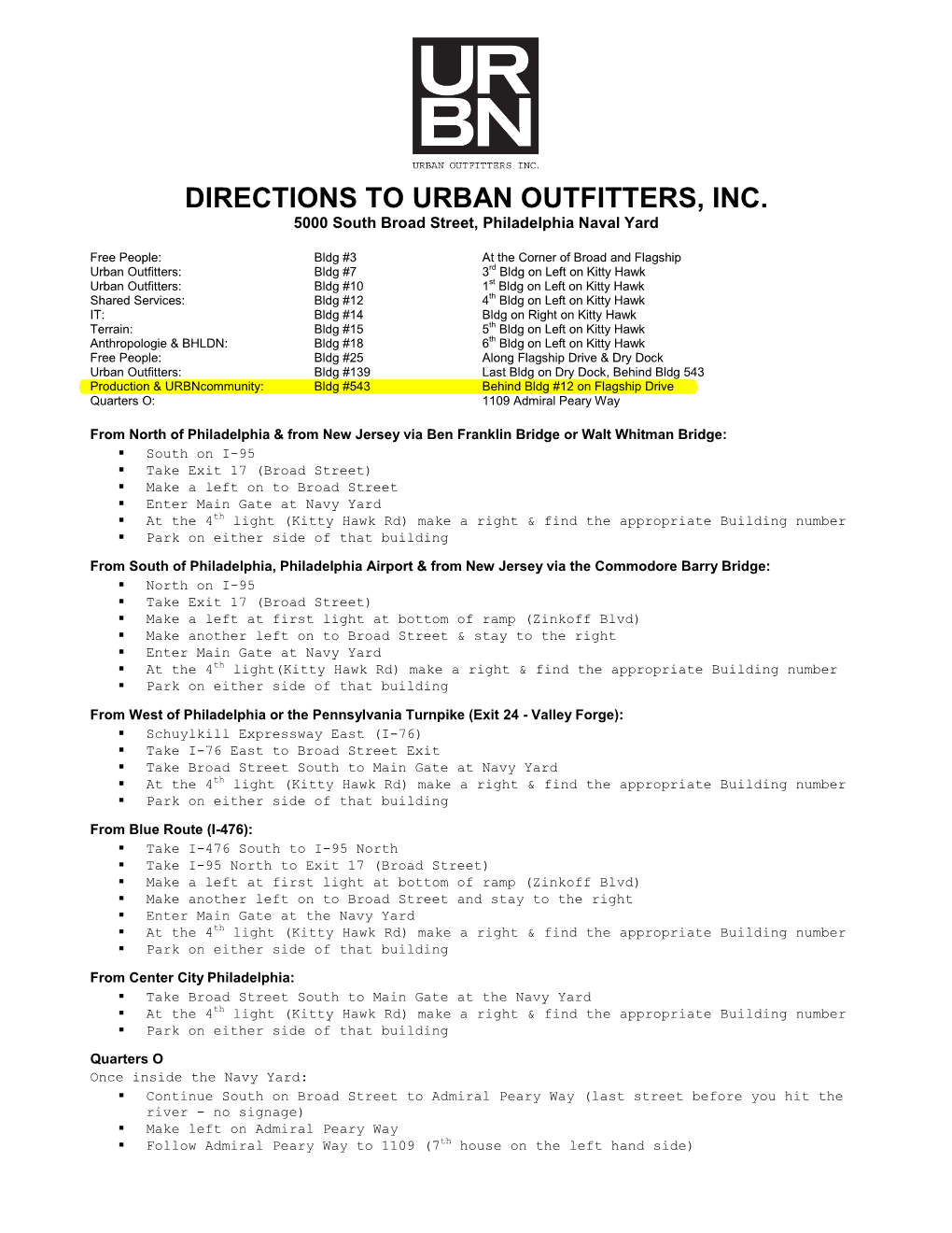 DIRECTIONS to URBAN OUTFITTERS, INC. 5000 South Broad Street, Philadelphia Naval Yard