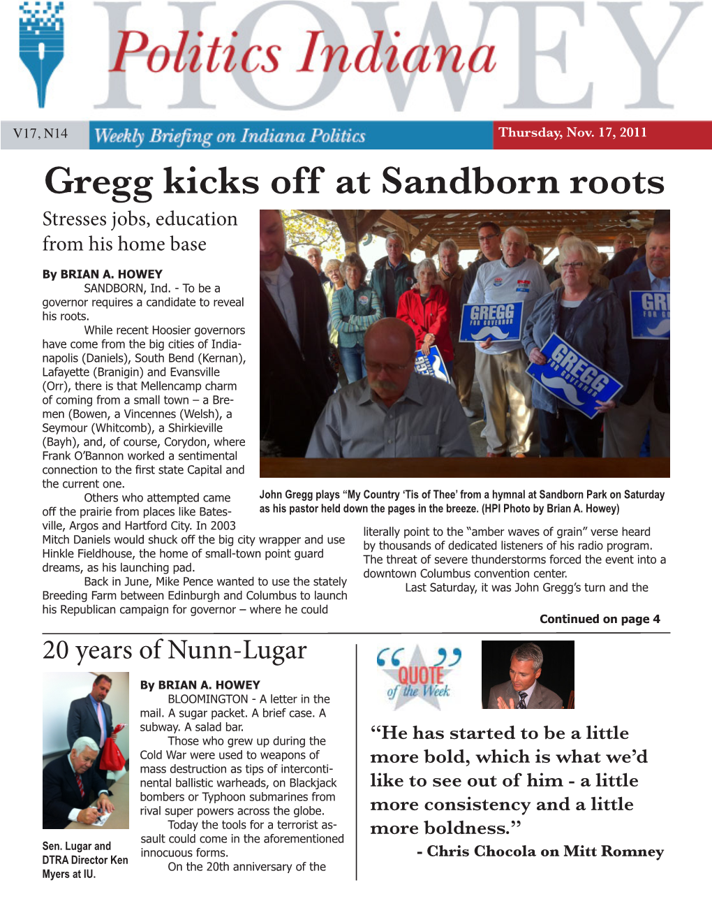 Gregg Kicks Off at Sandborn Roots Stresses Jobs, Education from His Home Base by BRIAN A