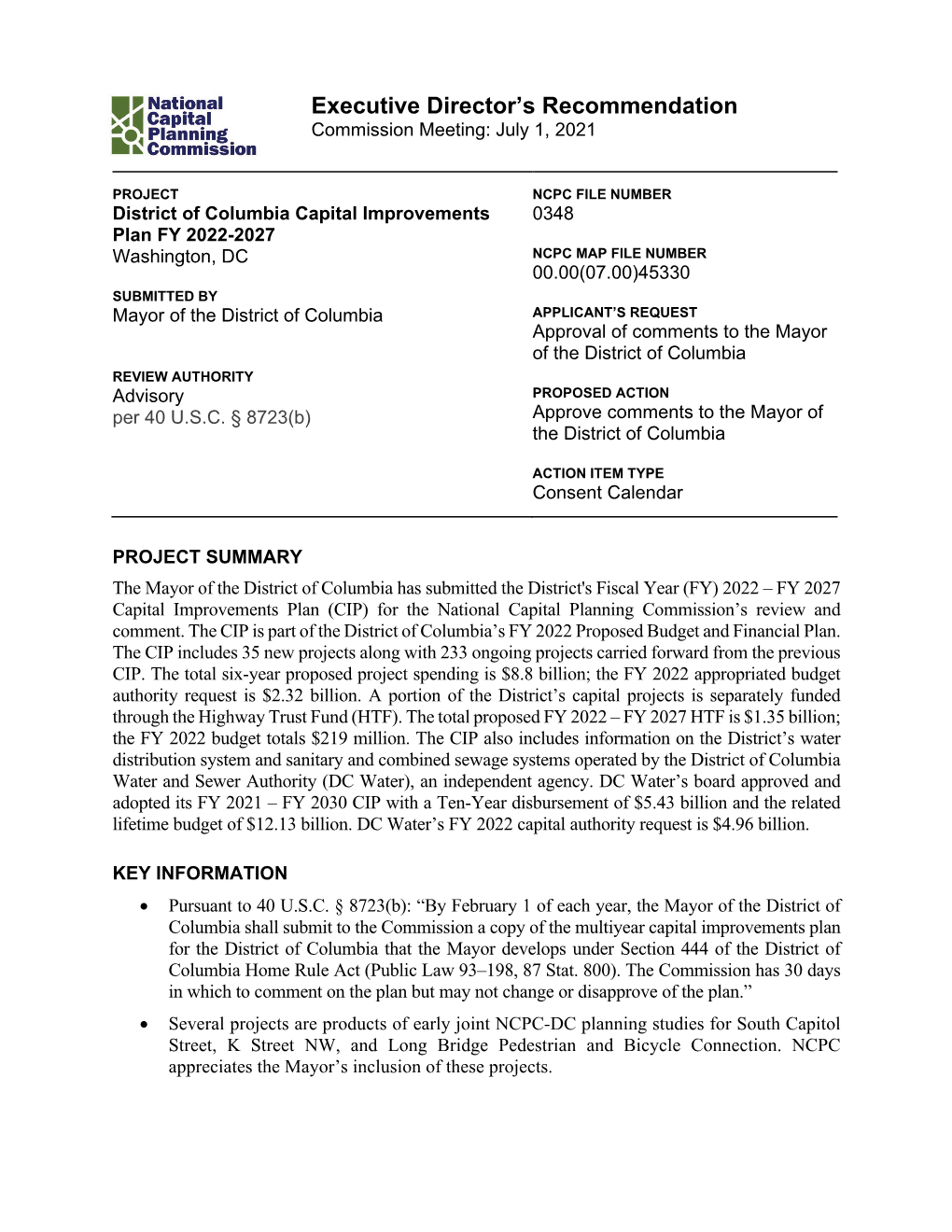 District of Columbia Capital Improvements Plan FY 2022-2027