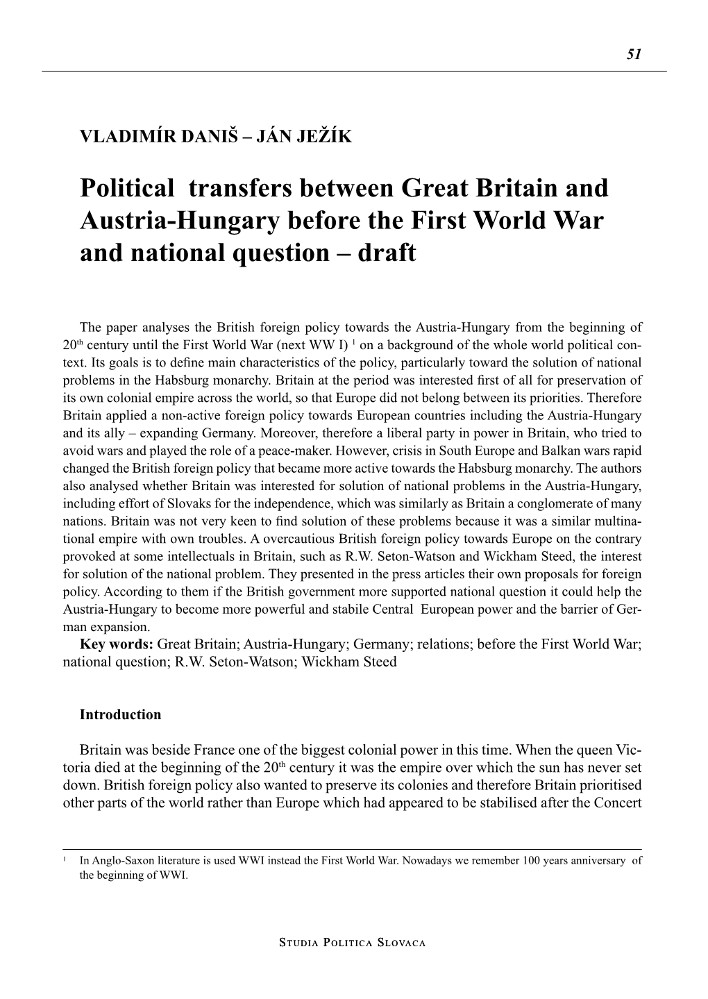 Political Transfers Between Great Britain and Austria-Hungary Before the First World War and National Question – Draft