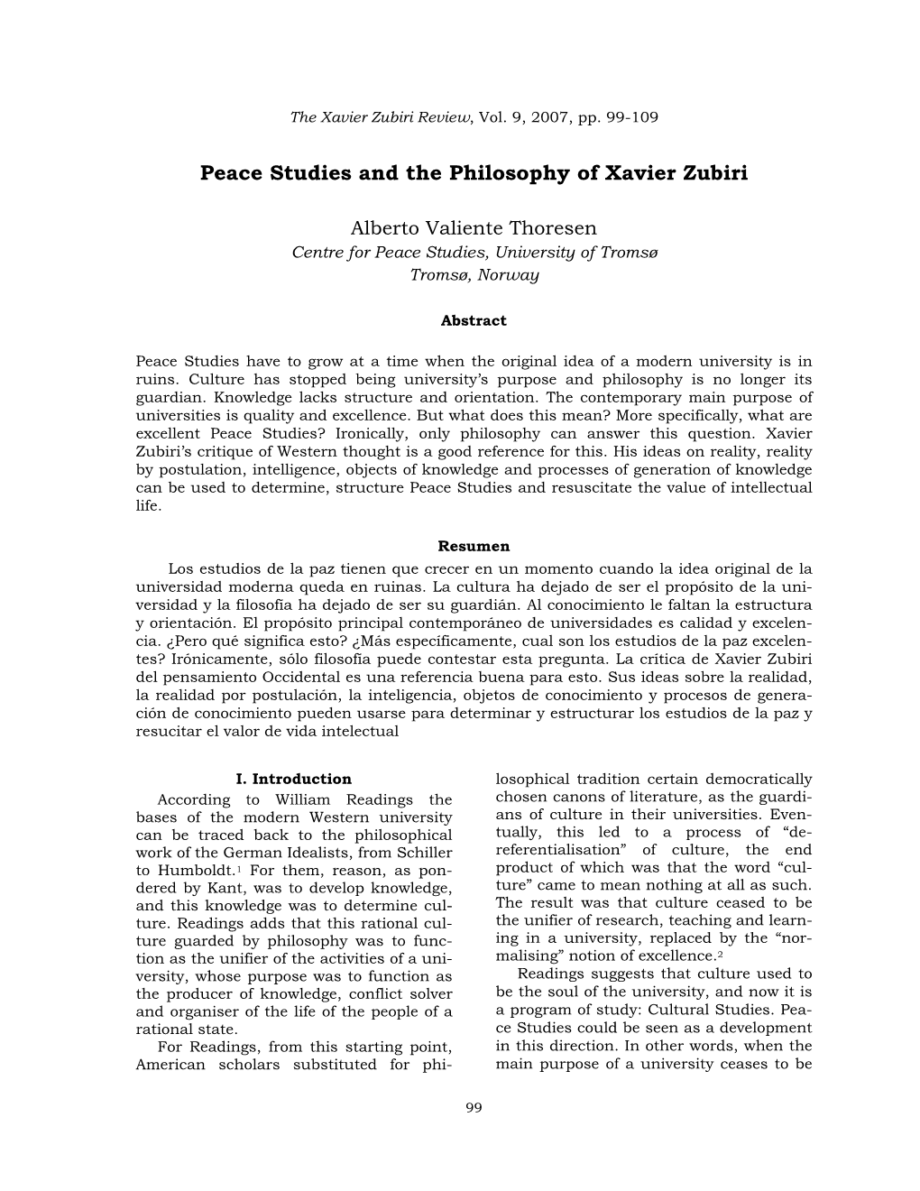 Peace Studies and the Philosophy of Xavier Zubiri