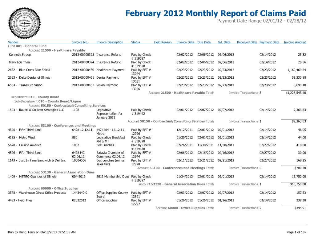 February 2012 Monthly Report of Claims Paid Payment Date Range 02/01/12 - 02/28/12