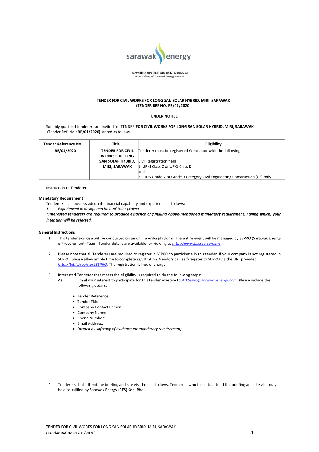 Tender for Civil Works for Long San Solar Hybrid, Miri, Sarawak (Tender Ref No