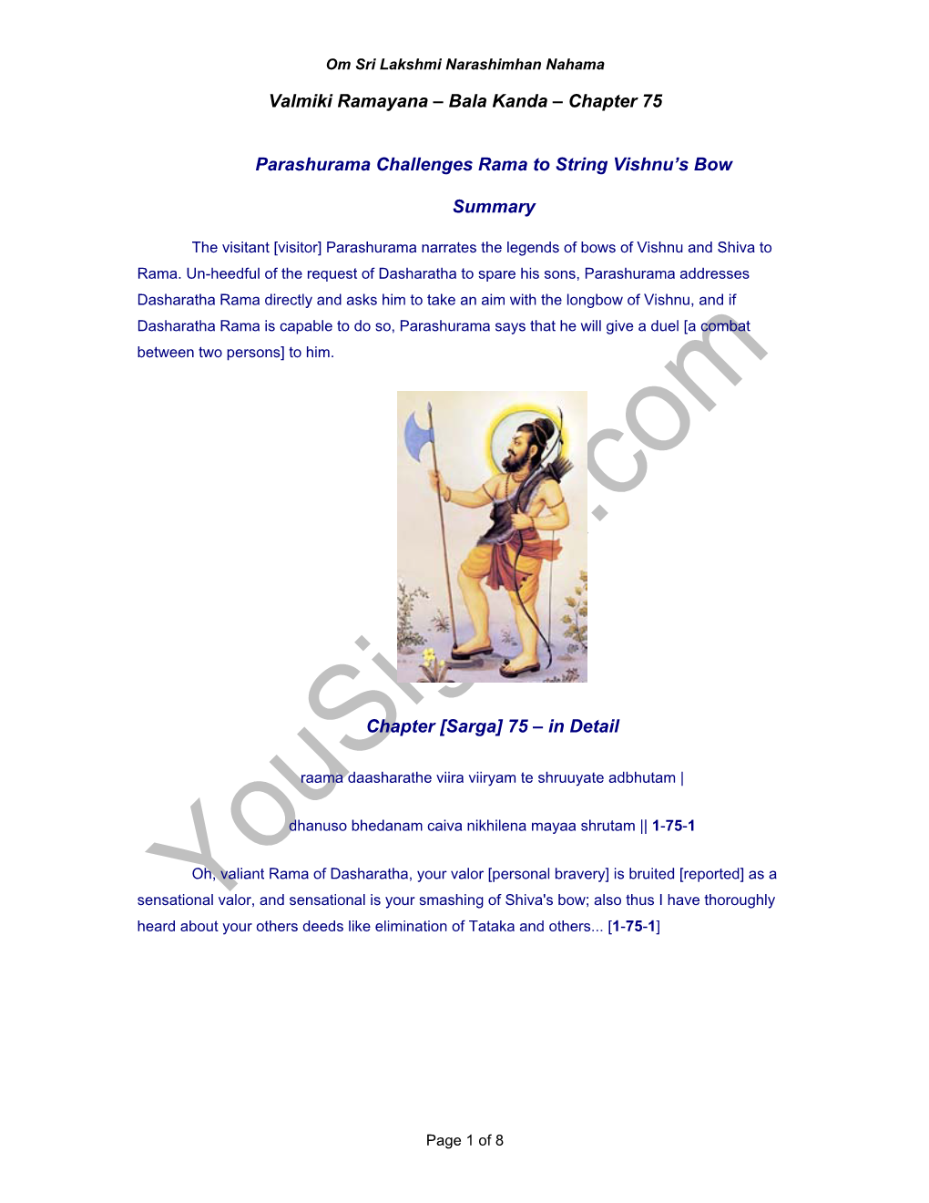 Valmiki Ramayana – Bala Kanda – Chapter 75 Parashurama Challenges Rama to String Vishnu's Bow Summary Chapter