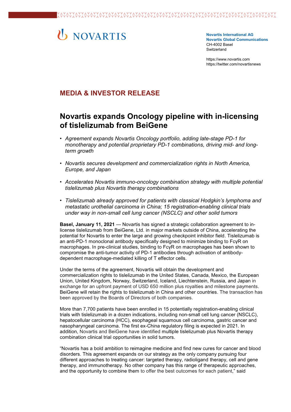 Novartis Expands Oncology Pipeline with In-Licensing of Tislelizumab from Beigene