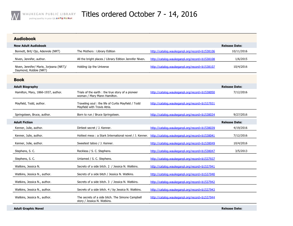Titles Ordered October 7 - 14, 2016