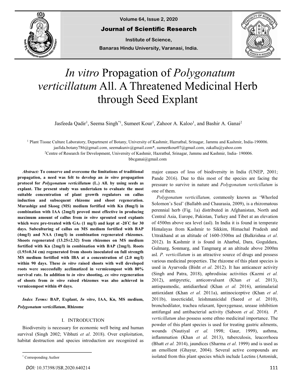 In Vitro Propagation of Polygonatum Verticillatum All. a Threatened Medicinal Herb Through Seed Explant
