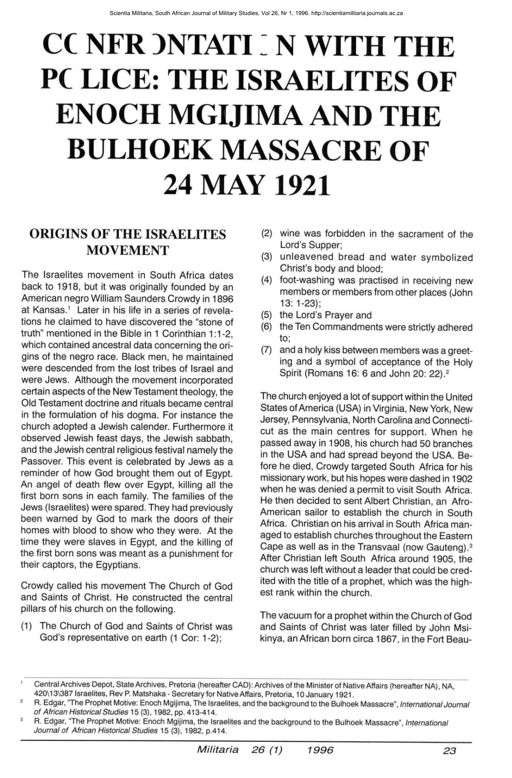 The Israelites of Enoch Mgijima and the Bulhoek Massacre of 24 May 1921