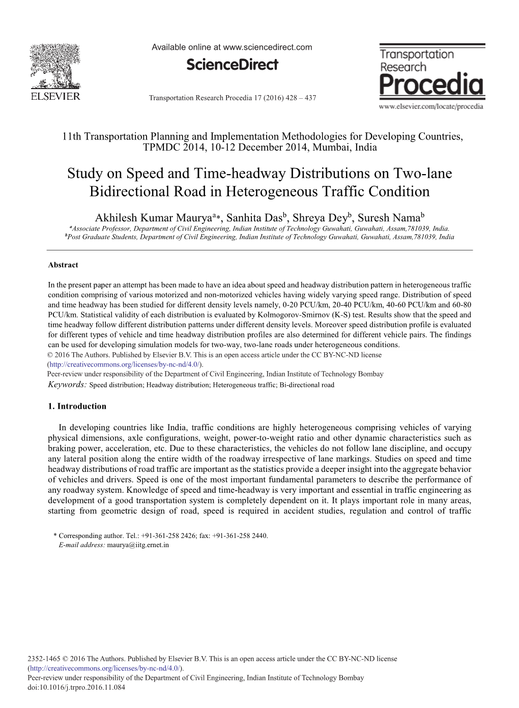 Study on Speed and Time-Headway Distributions on Two-Lane Bidirectional Road in Heterogeneous Traffic Condition