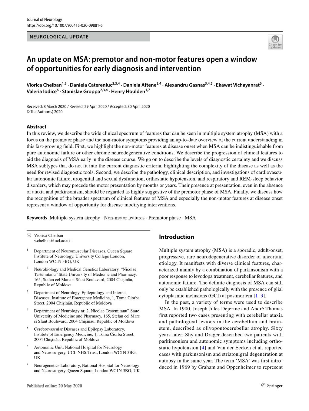 An Update on MSA: Premotor and Non-Motor Features Open a Window of Opportunities for Early Diagnosis and Intervention