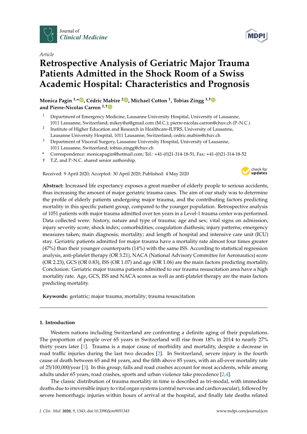 Retrospective Analysis of Geriatric Major Trauma Patients Admitted in the Shock Room of a Swiss Academic Hospital: Characteristics and Prognosis