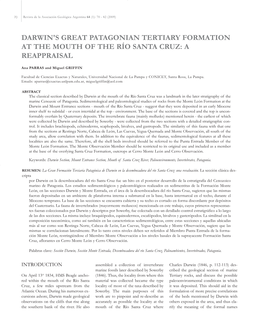 Darwin's Great Patagonian Tertiary Formation at the Mouth of the Río Santa Cruz: a Reappraisal