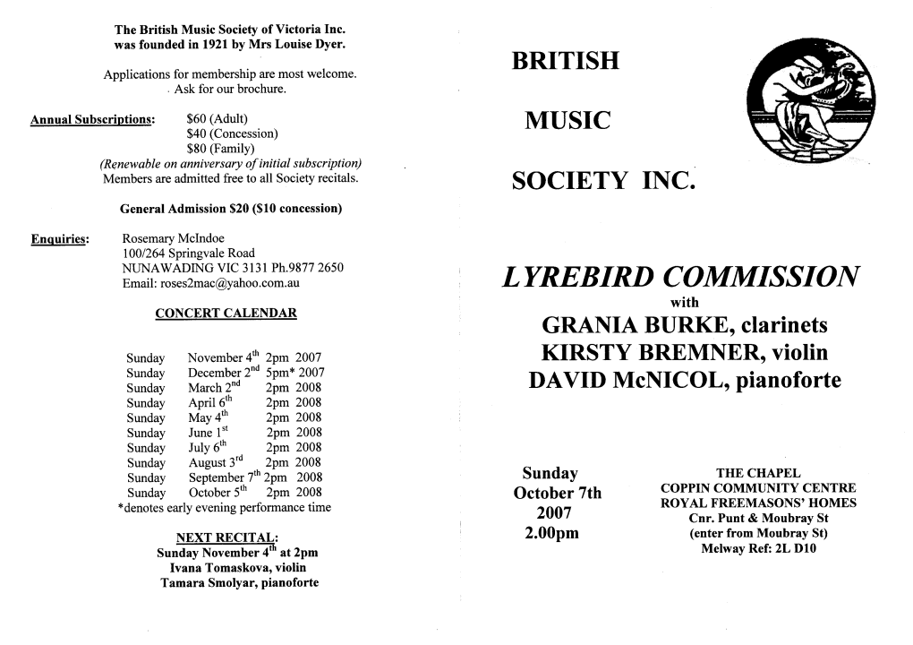 LYREBIRD COMMISSION with CONCERT CALENDAR CRANIA BURKE, Clarinets