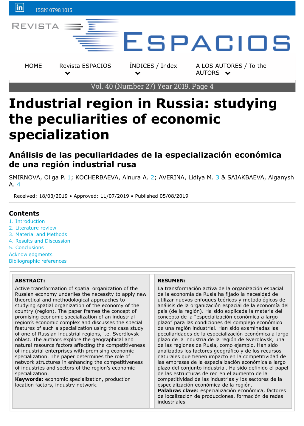 Industrial Region in Russia: Studying the Peculiarities of Economic Specialization