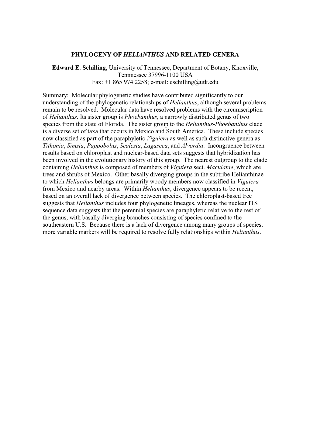 Phylogeny of Helianthus and Related Genera