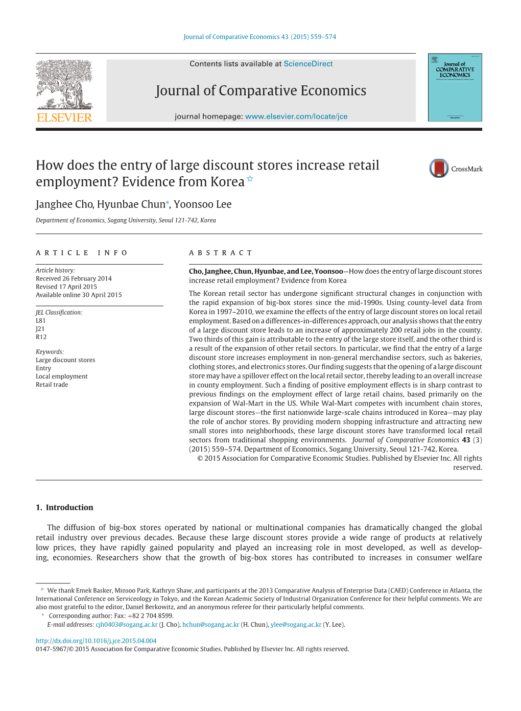 How Does the Entry of Large Discount Stores Increase Retail Employment? Evidence from Korea ✩