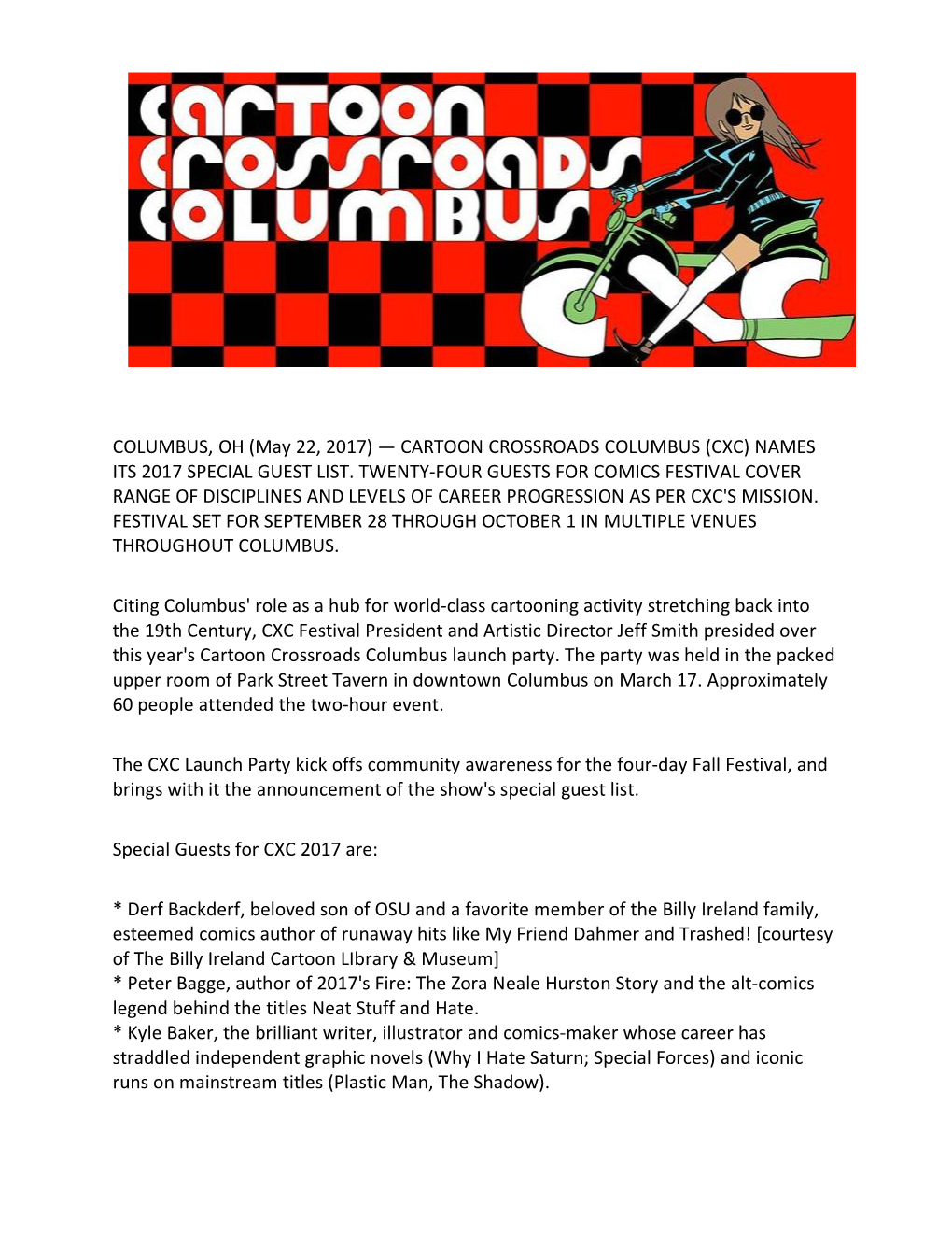 Cartoon Crossroads Columbus (Cxc) Names Its 2017 Special Guest List