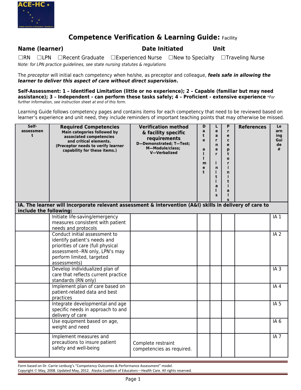 Competence Verification & Learning Guide: Facility