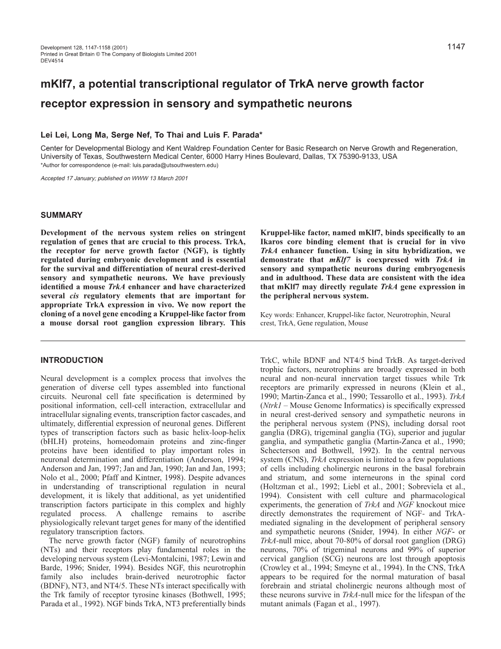 Co-Expression of Mklf7 and Trka 1149