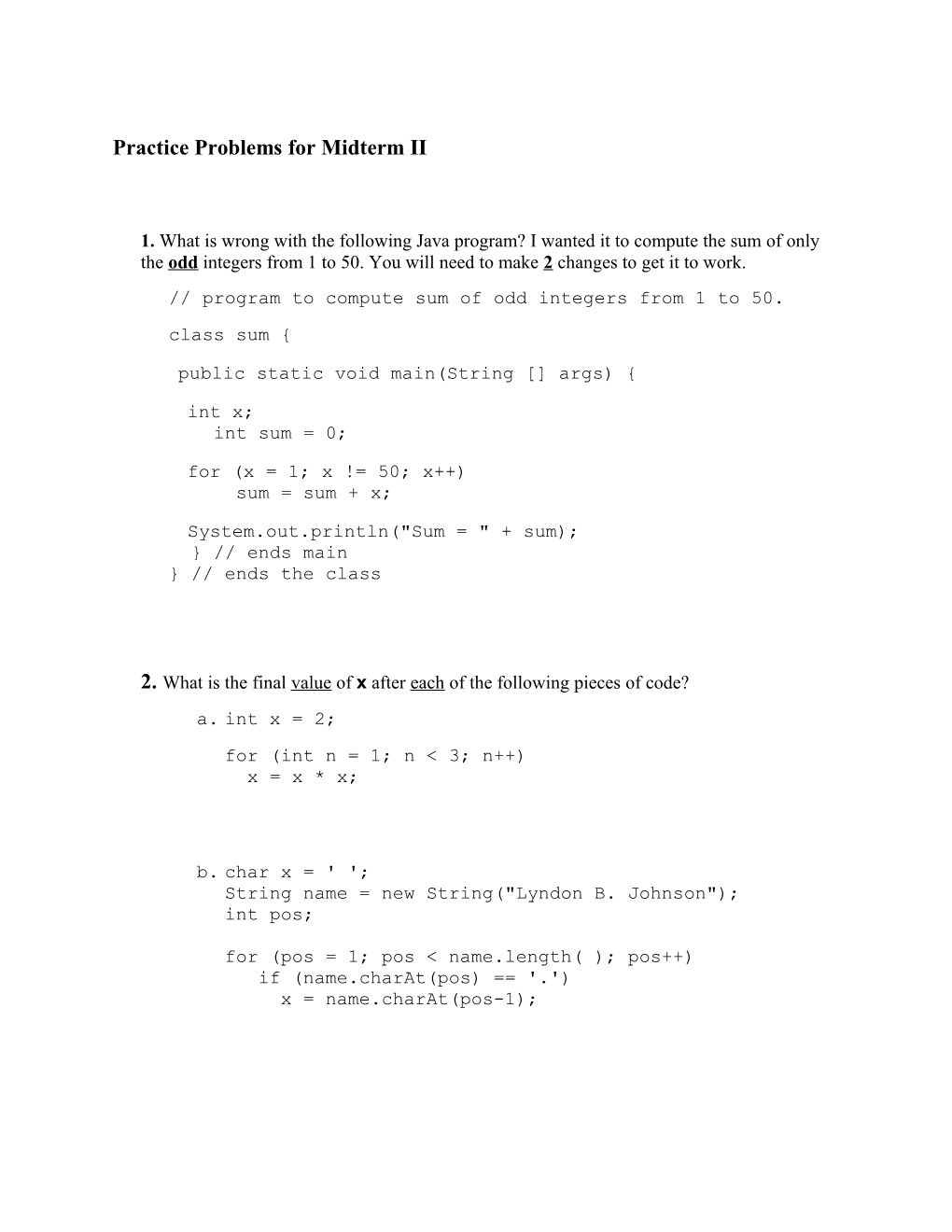 Practice Problems for Midterm II