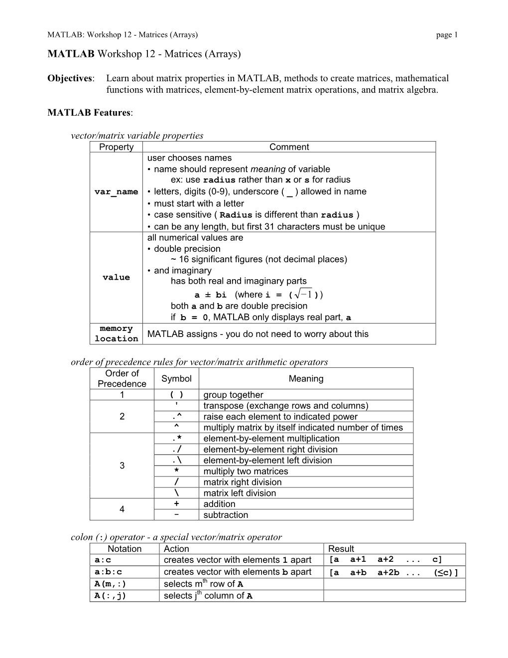 MATLAB Workshop 12 - Matrices (Arrays)