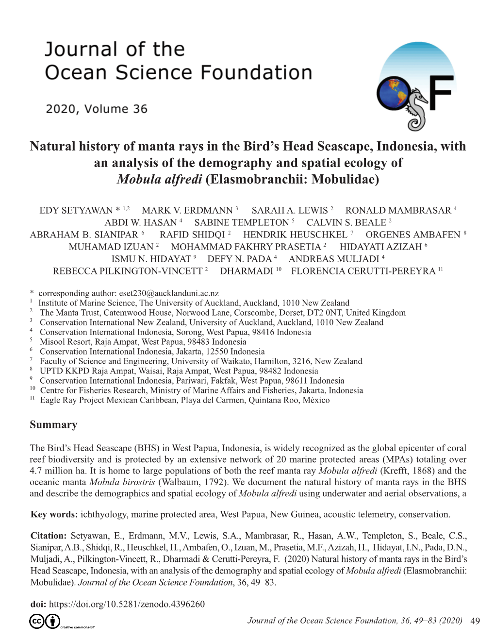 Natural History of Manta Rays in the Bird's Head Seascape, Indonesia