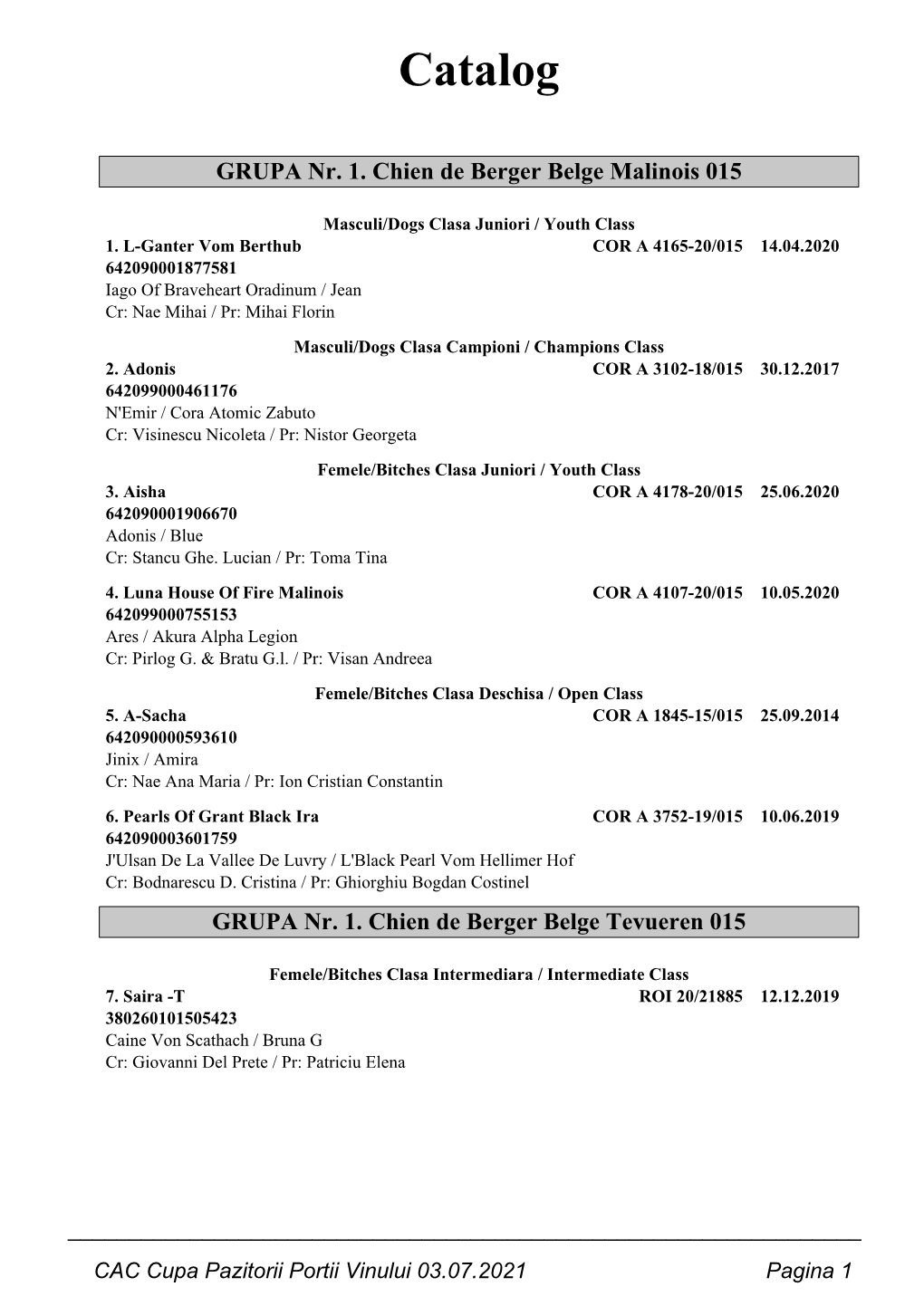 CAC Cupa Pazitorii Portii Vinului 03.07.2021 Pagina 1 Femele/Bitches Clasa Deschisa / Open Class 8