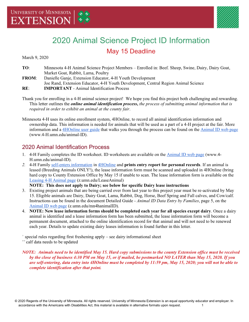 2020 Animal Science Project ID Information May 15 Deadline March 9, 2020