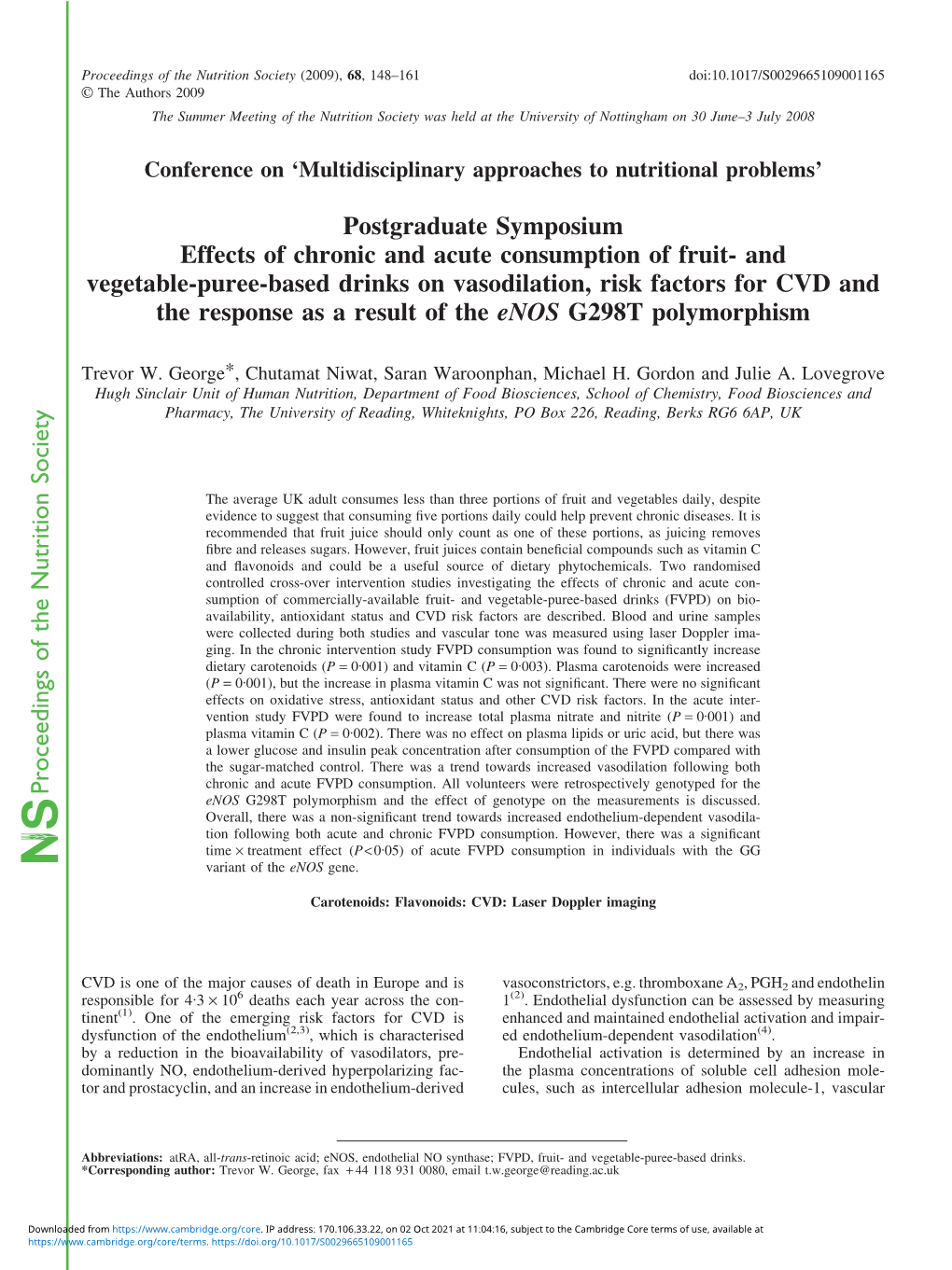 And Vegetable-Puree-Based Drinks on Vasodilation, Risk Factors for CVD and the Response As a Result of the Enos G298T Polymorphism